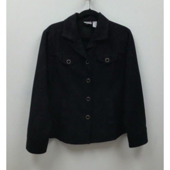 Chico's Black Button Stretch Denim Jacket Removable Faux Fur Collar SZ 3  NWOT - Picture 2 of 9